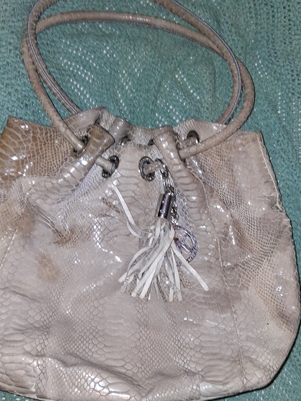 Michael Kors Cream Faux-Snake Drawstring Shoulder Bag with Tassel